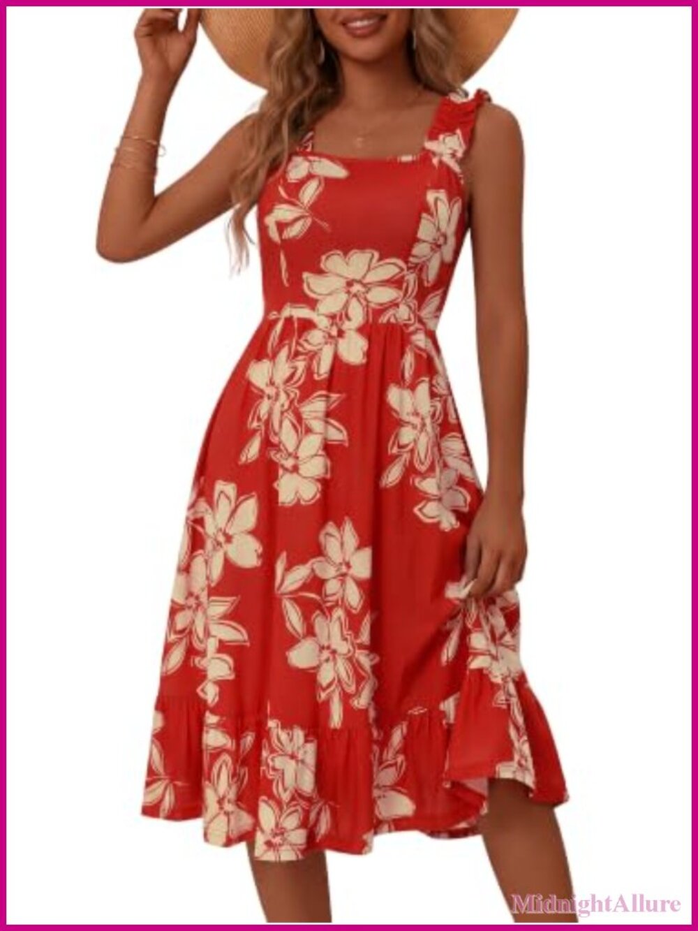 Square Neck Midi Floral Sundress with Ruffle Hem High Waist A-Line Casual